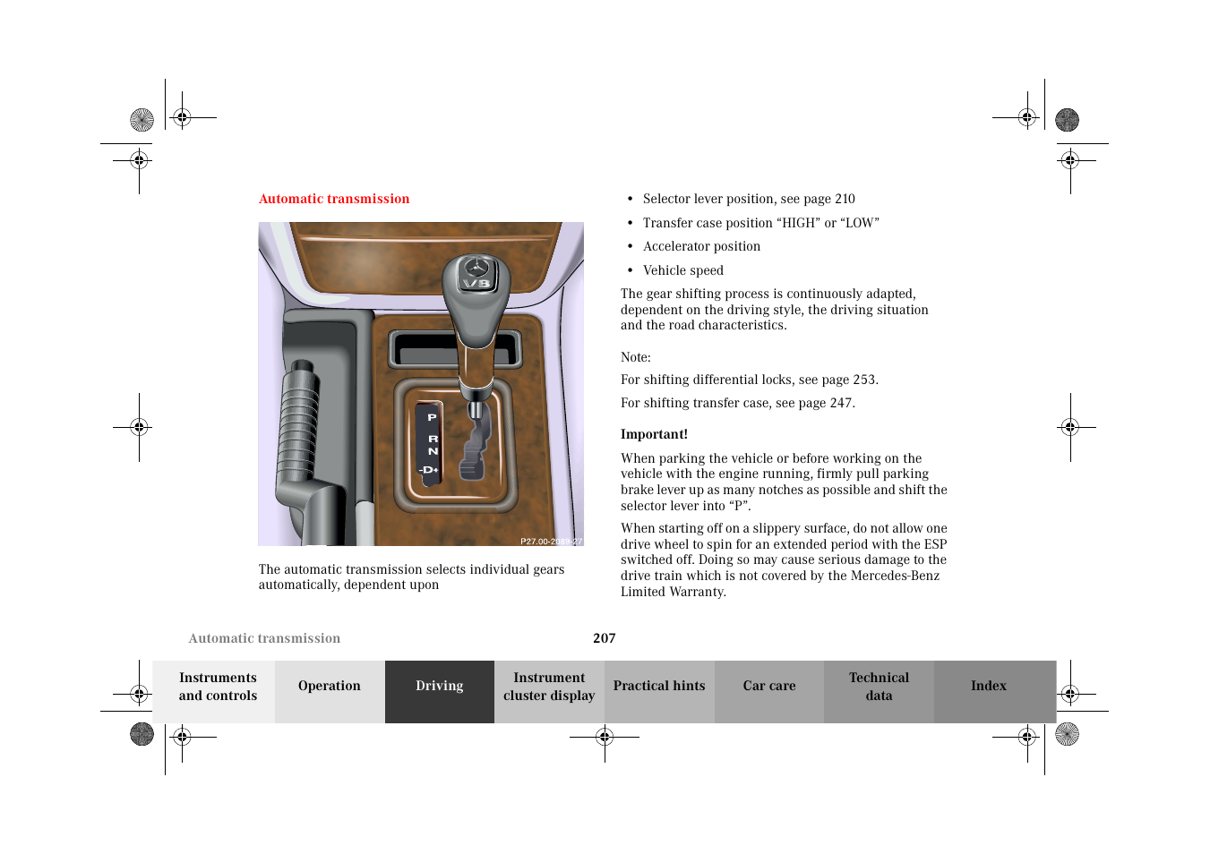 Automatic transmission | Mercedes-Benz 2002 G-Class User Manual | Page 210 / 385