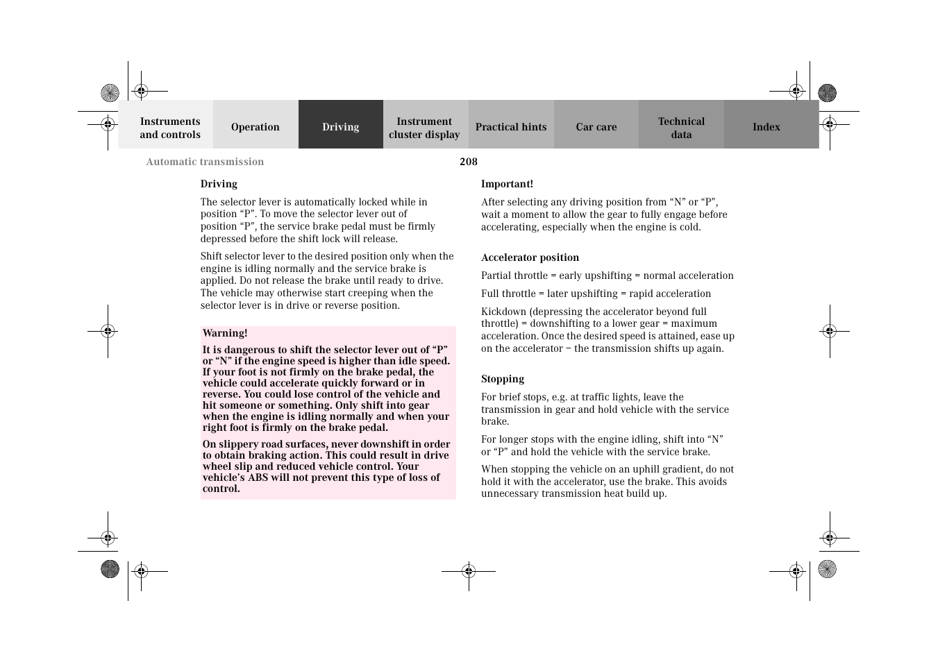 Driving, Accelerator position, Stopping | Mercedes-Benz 2002 G-Class User Manual | Page 211 / 385