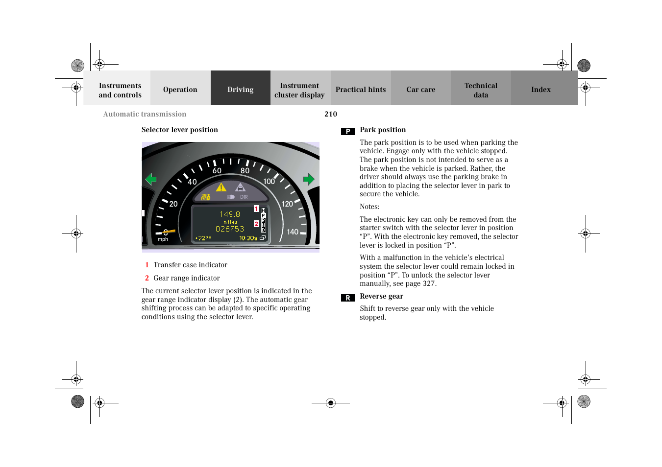 Automatic transmission:selector lever position | Mercedes-Benz 2002 G-Class User Manual | Page 213 / 385