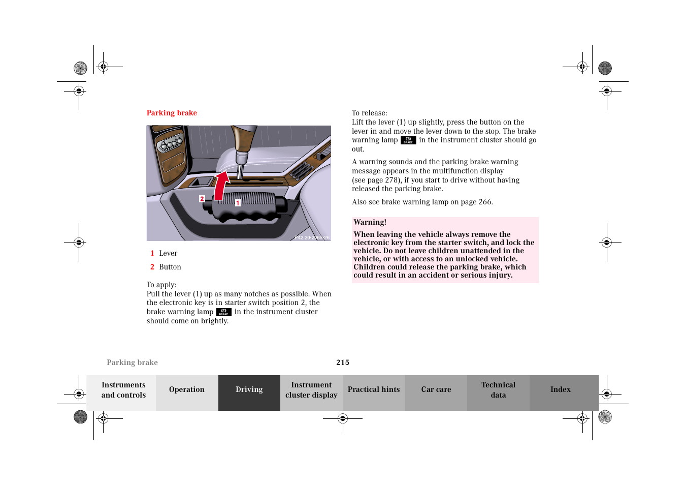 Parking brake | Mercedes-Benz 2002 G-Class User Manual | Page 218 / 385
