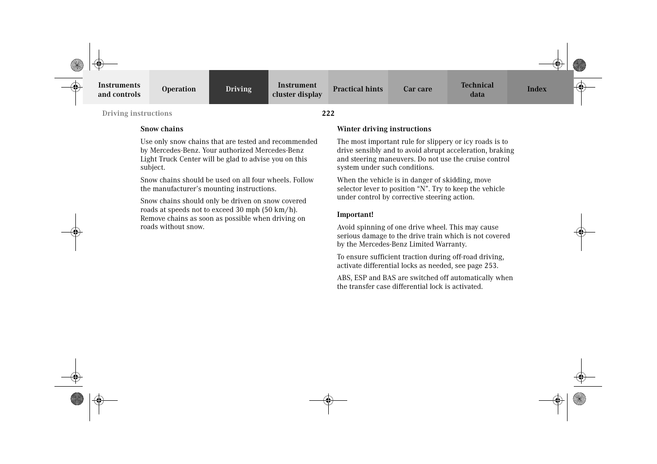 Snow chains, Winter driving instructions, Snow chains winter driving instructions | Mercedes-Benz 2002 G-Class User Manual | Page 225 / 385