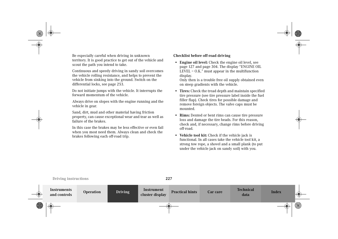 Checklist before offroad driving | Mercedes-Benz 2002 G-Class User Manual | Page 230 / 385