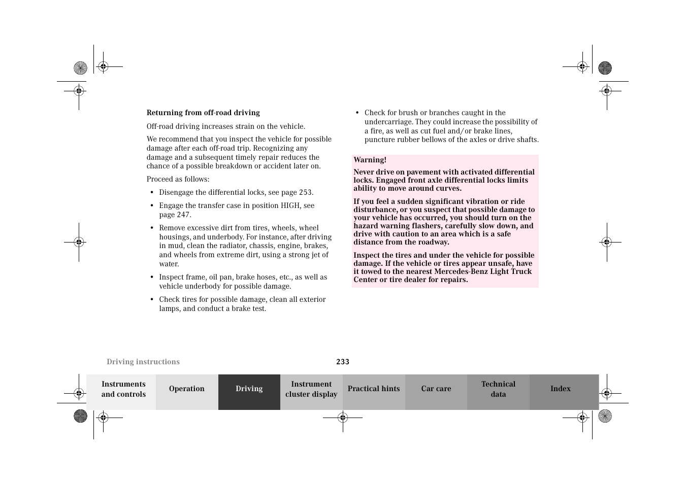 Returning from off-road driving | Mercedes-Benz 2002 G-Class User Manual | Page 236 / 385