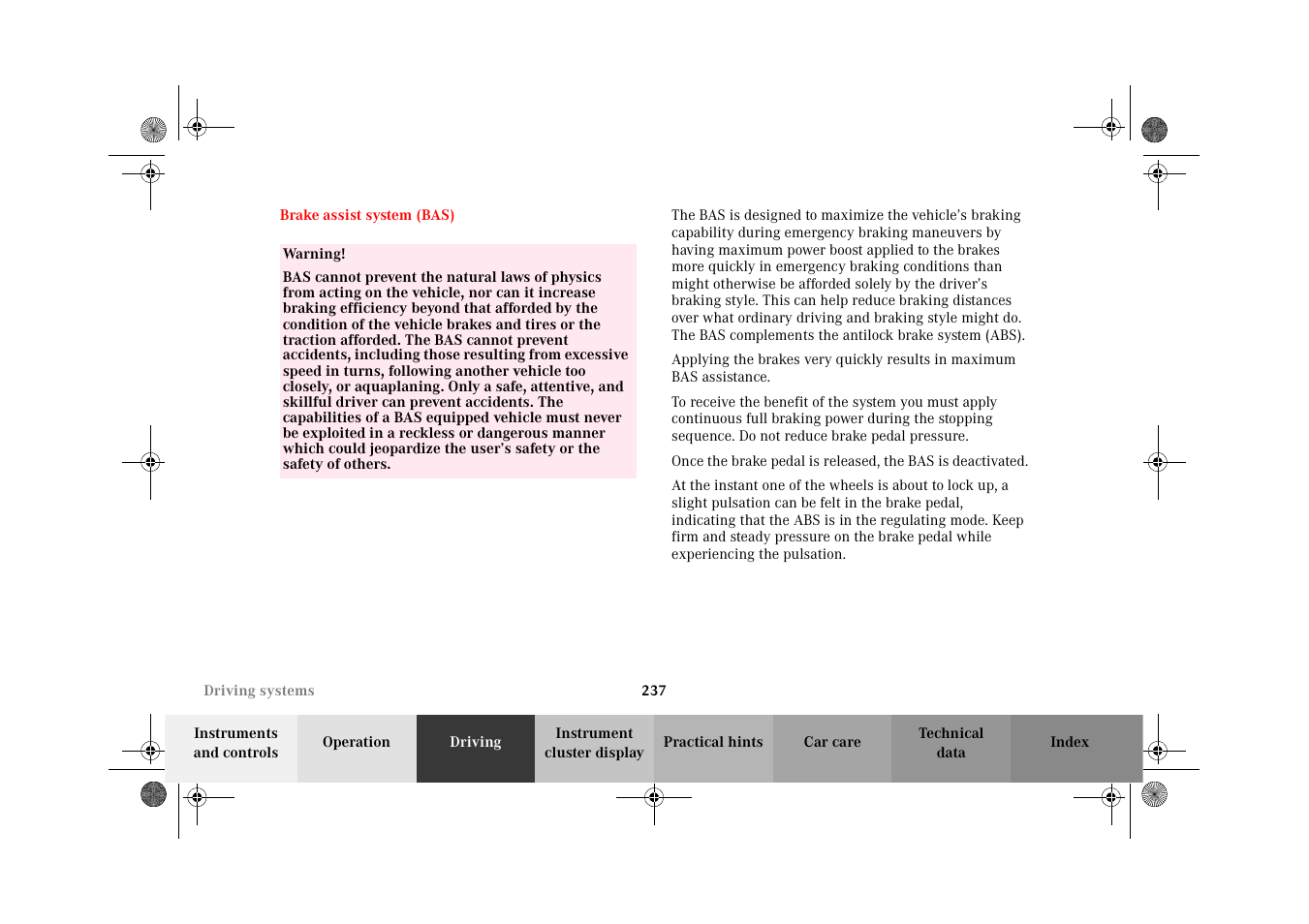 Brake assist system (bas), Brake assist system, Bas) | Mercedes-Benz 2002 G-Class User Manual | Page 240 / 385