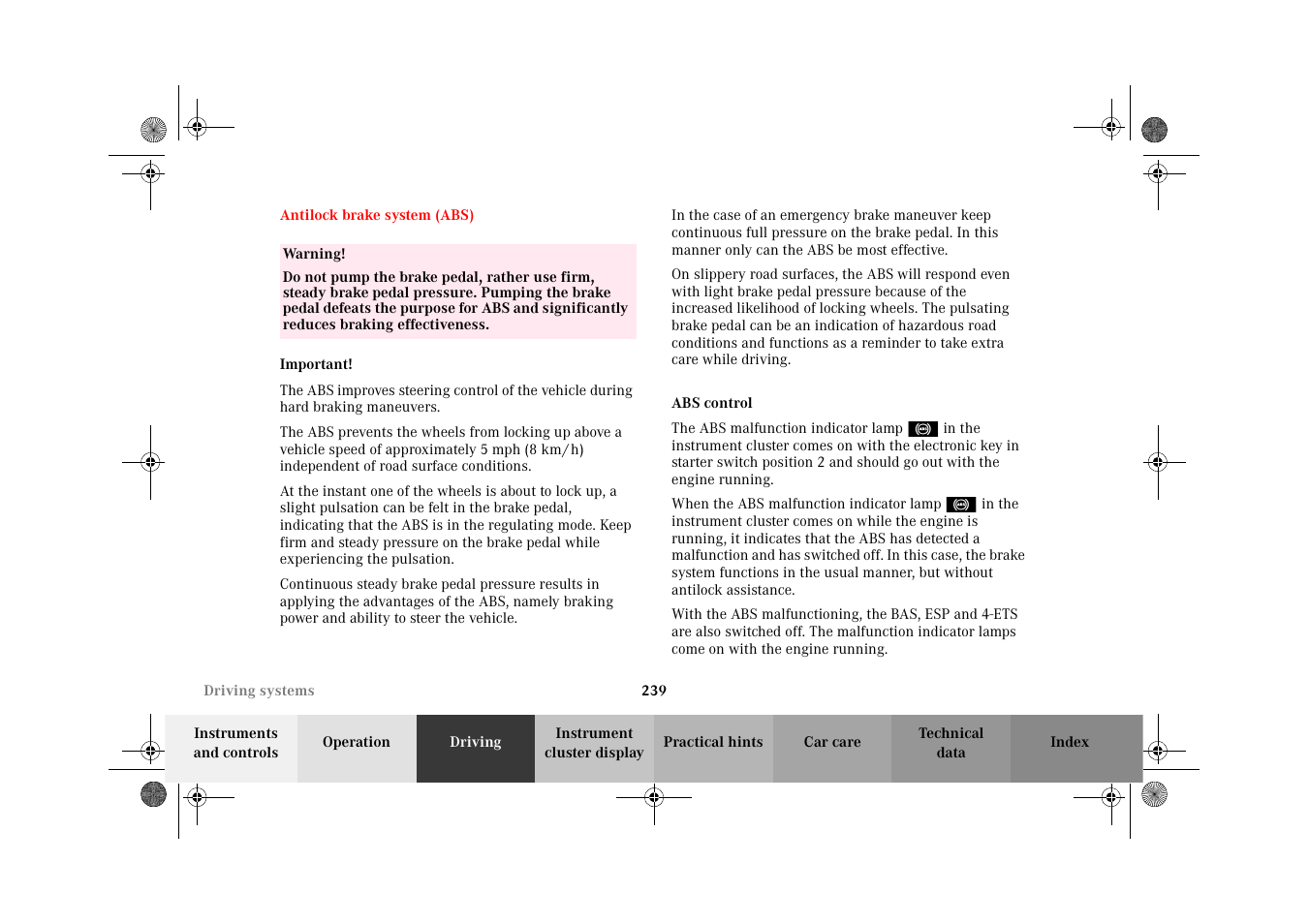 Antilock brake system (abs), Abs control, Antilock brake system | Abs) | Mercedes-Benz 2002 G-Class User Manual | Page 242 / 385