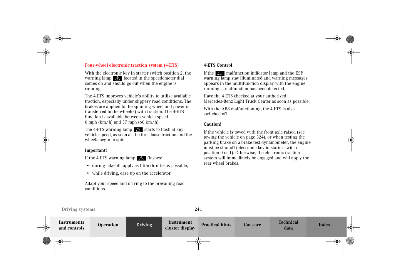 Four-wheel electronic traction system (4-ets), Four-wheel electronic traction system, Ets) | Four-wheel electronic, Traction system (4-ets) | Mercedes-Benz 2002 G-Class User Manual | Page 244 / 385