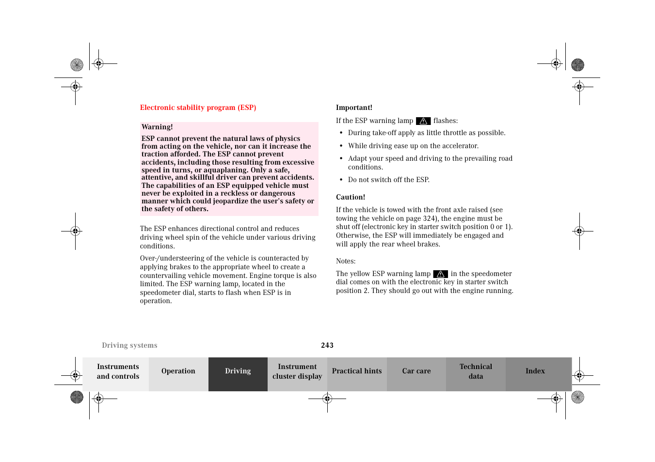 Electronic stability program (esp), Electronic stability program, Esp) | Mercedes-Benz 2002 G-Class User Manual | Page 246 / 385