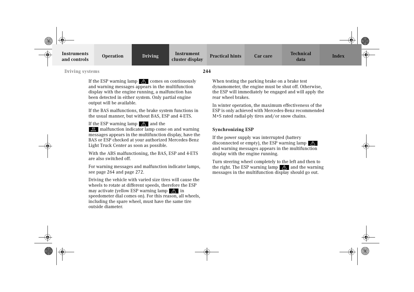 Esp (electronic stability program):synchronizing | Mercedes-Benz 2002 G-Class User Manual | Page 247 / 385
