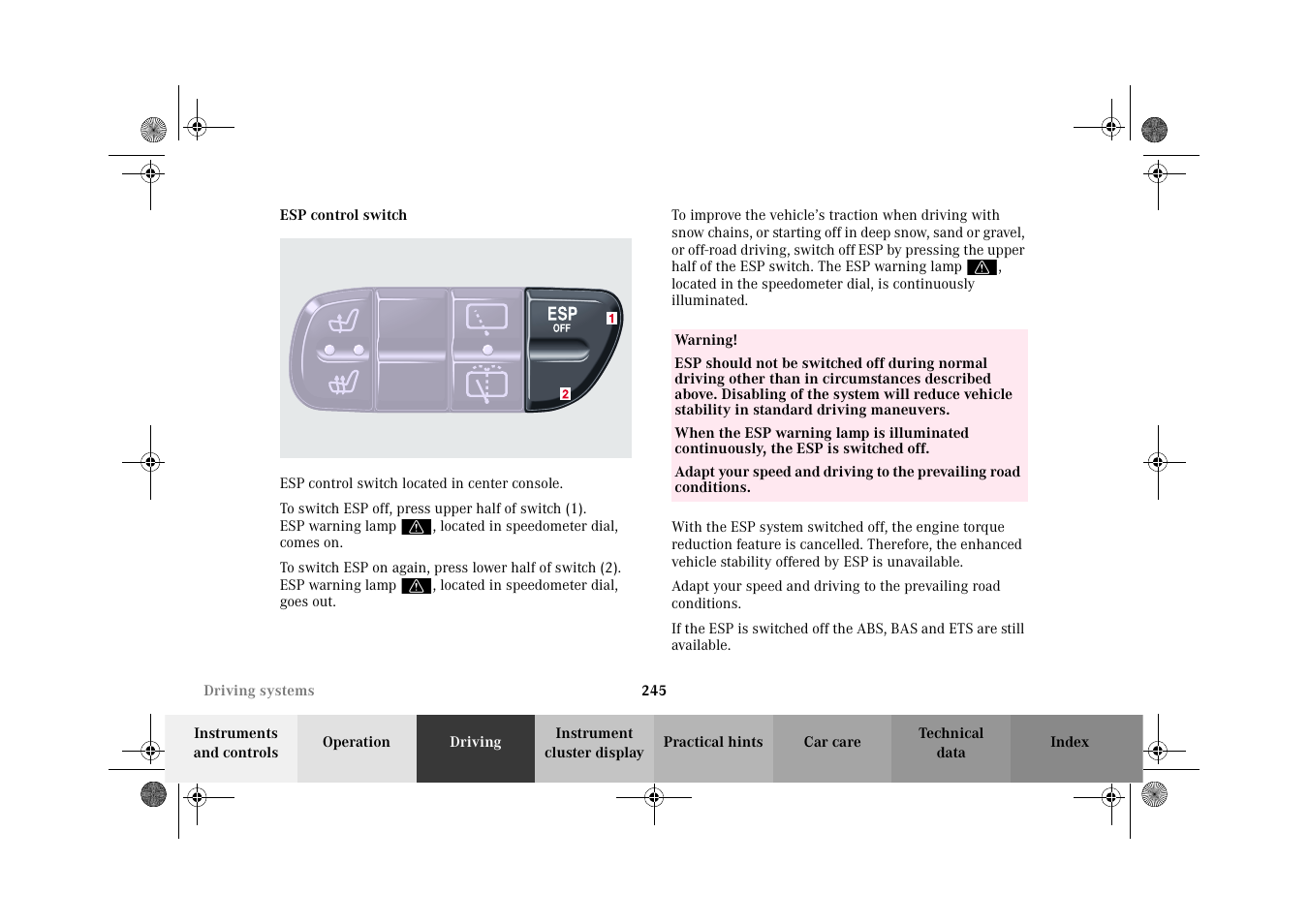 Esp (electronic stability program):control switch | Mercedes-Benz 2002 G-Class User Manual | Page 248 / 385