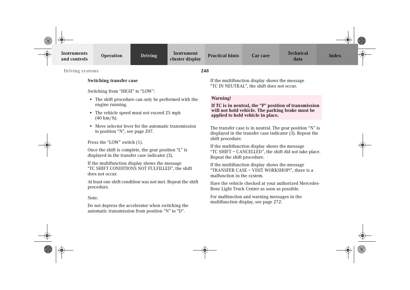 Switching transfer case | Mercedes-Benz 2002 G-Class User Manual | Page 251 / 385