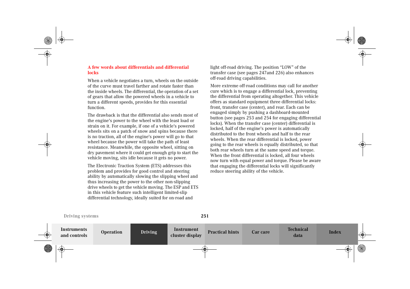 A few words about differentials, And differential locks | Mercedes-Benz 2002 G-Class User Manual | Page 254 / 385