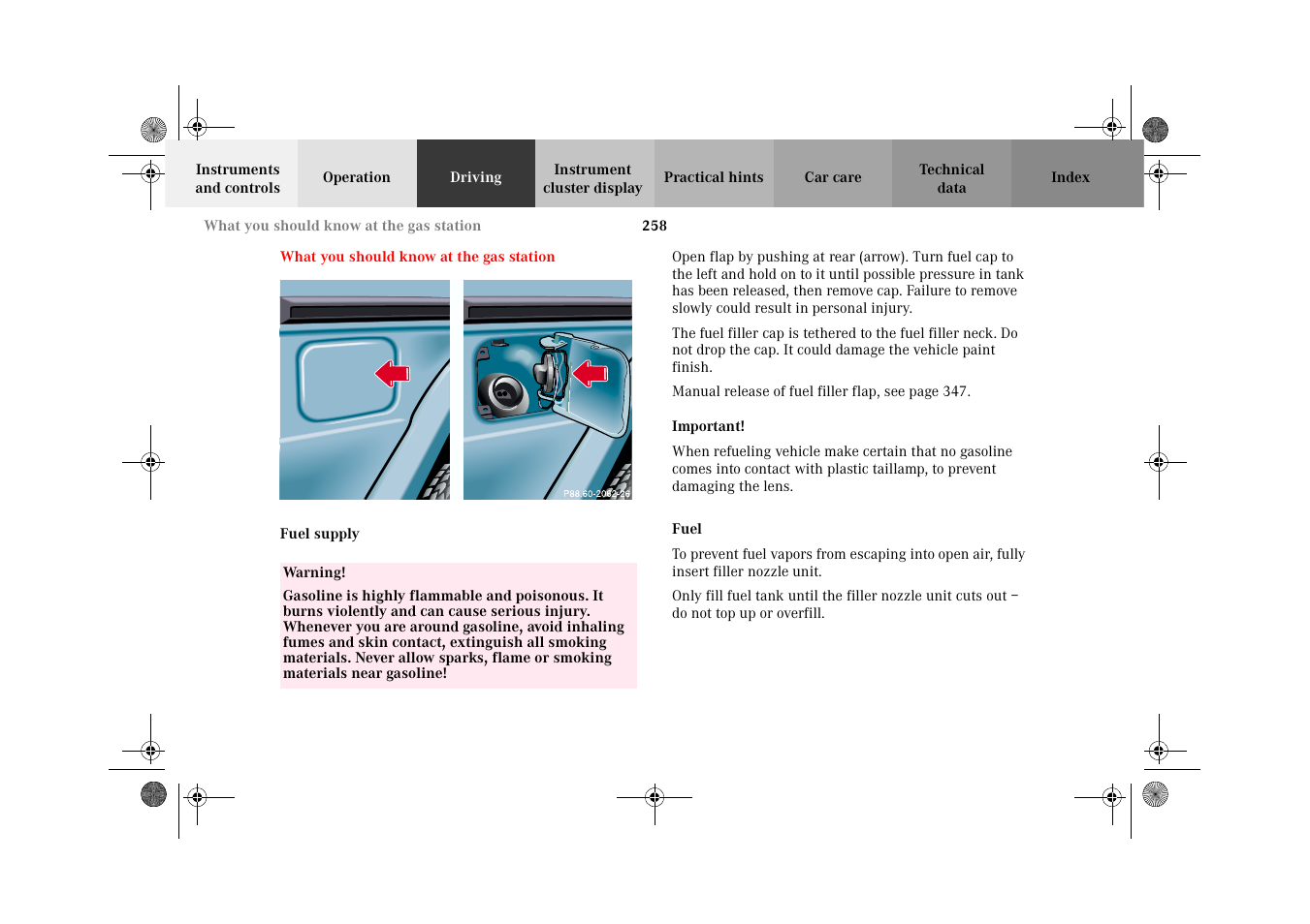 What you should know at the gas station, Fuel supply, Fuel | What you should know, At the gas station, What you should know at, The gas station | Mercedes-Benz 2002 G-Class User Manual | Page 261 / 385