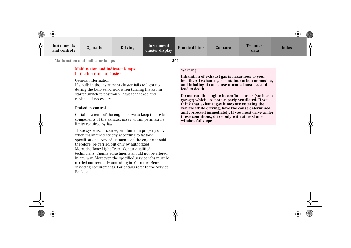 Instrument cluster display, Malfunction and indicator, Lamps in the instrument cluster | Mercedes-Benz 2002 G-Class User Manual | Page 267 / 385