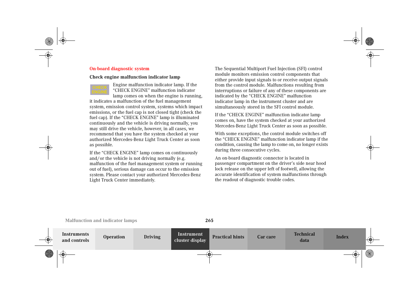 On-board diagnostic system, Check engine malfunction indicator lamp | Mercedes-Benz 2002 G-Class User Manual | Page 268 / 385