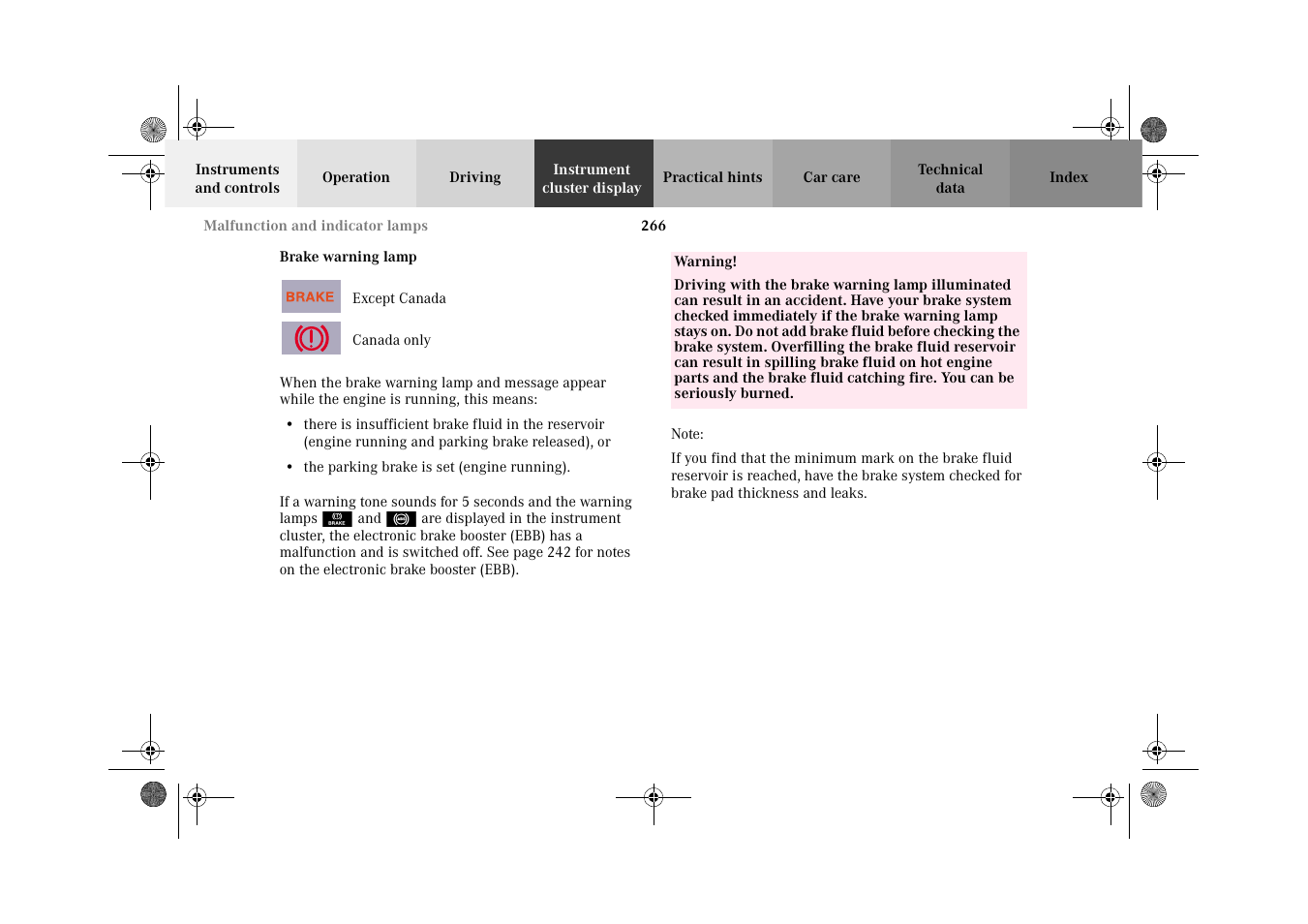 Brake warning lamp | Mercedes-Benz 2002 G-Class User Manual | Page 269 / 385