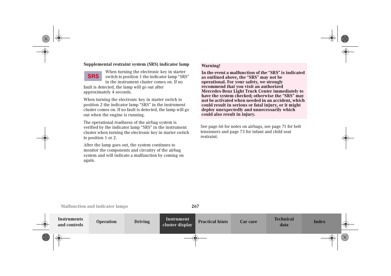 Supplemental restraint system (srs) indicator lamp | Mercedes-Benz 2002 G-Class User Manual | Page 270 / 385