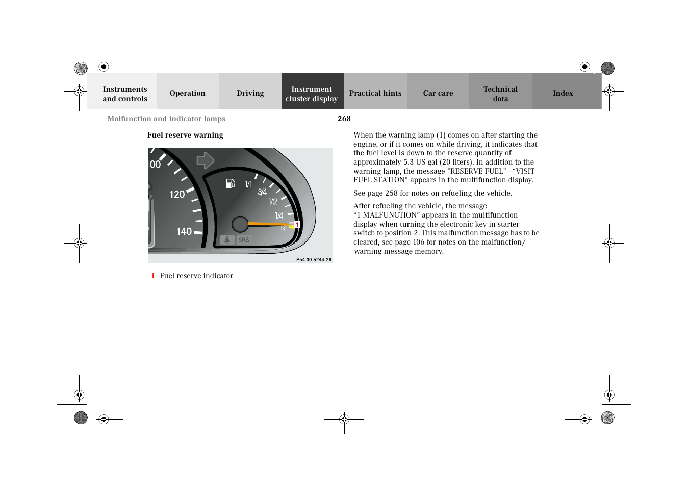 Fuel reserve warning | Mercedes-Benz 2002 G-Class User Manual | Page 271 / 385