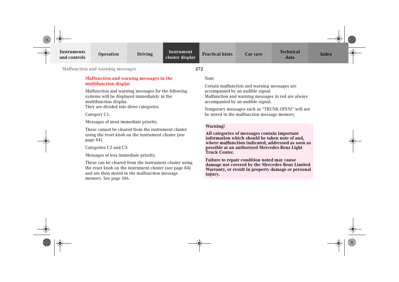 Malfunction and warning messages, Malfunction and warning, Messages in the multifunction display | Mercedes-Benz 2002 G-Class User Manual | Page 275 / 385