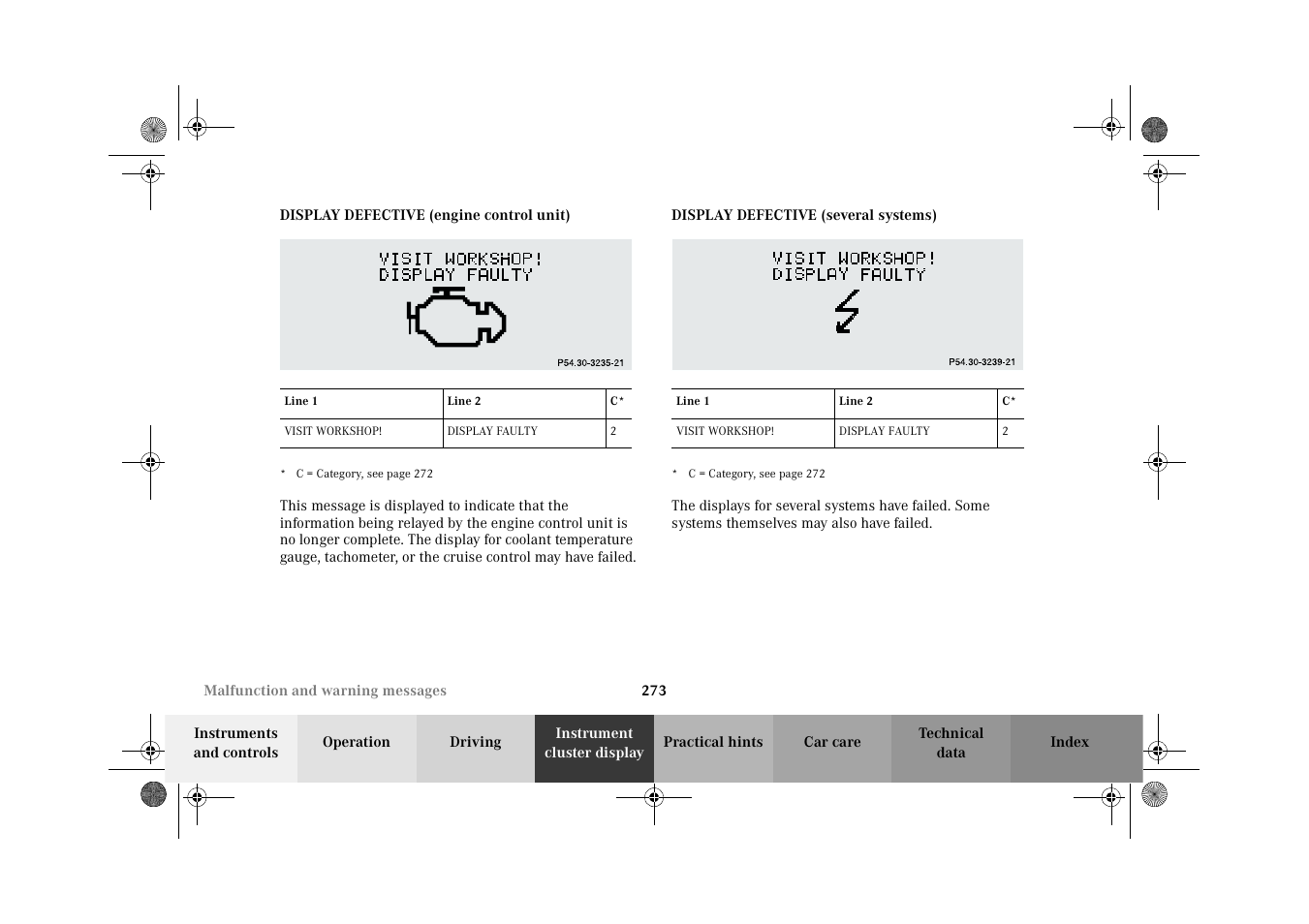 Display defective (engine control unit), Display defective (several systems) | Mercedes-Benz 2002 G-Class User Manual | Page 276 / 385