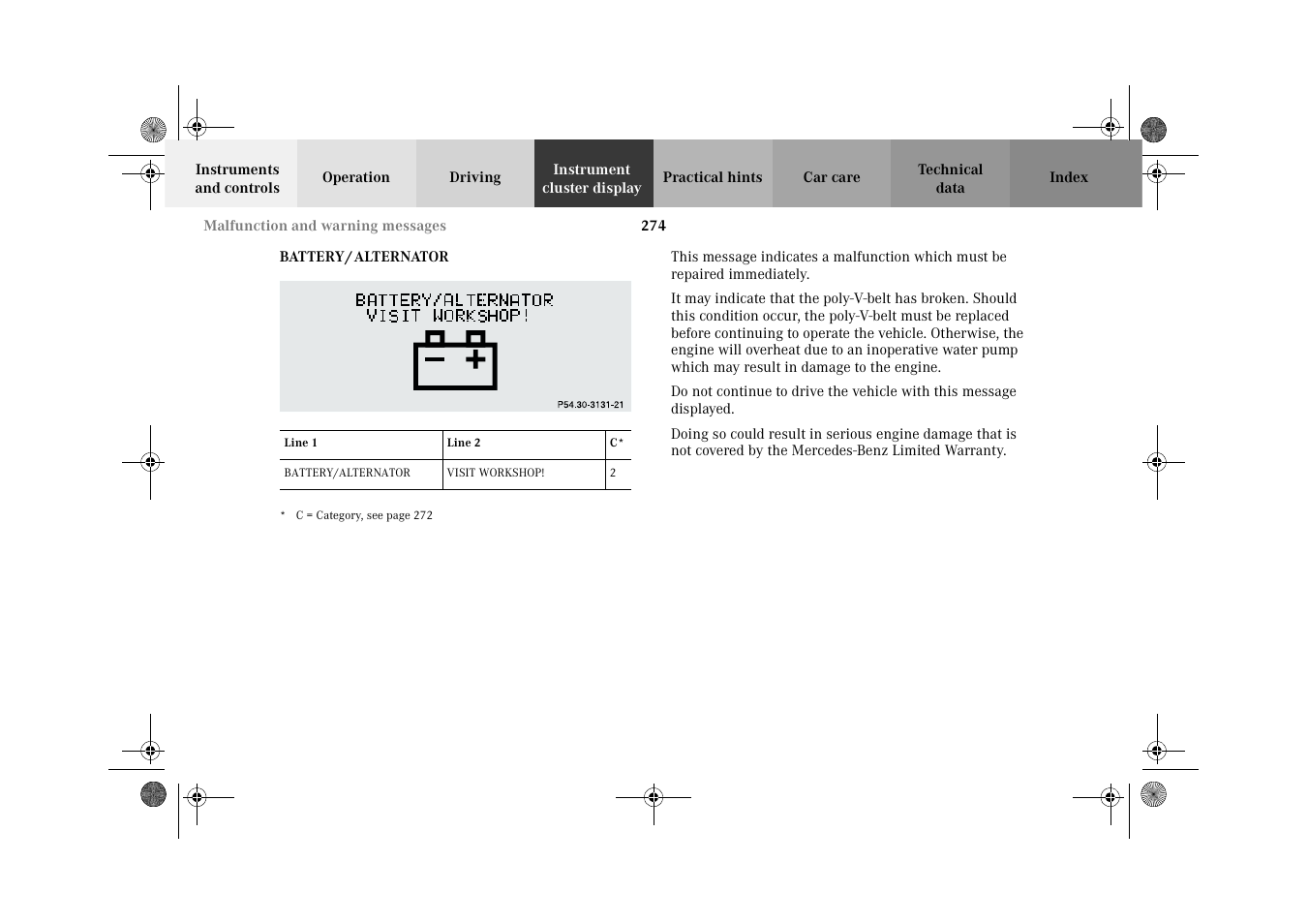 Battery / alternator | Mercedes-Benz 2002 G-Class User Manual | Page 277 / 385