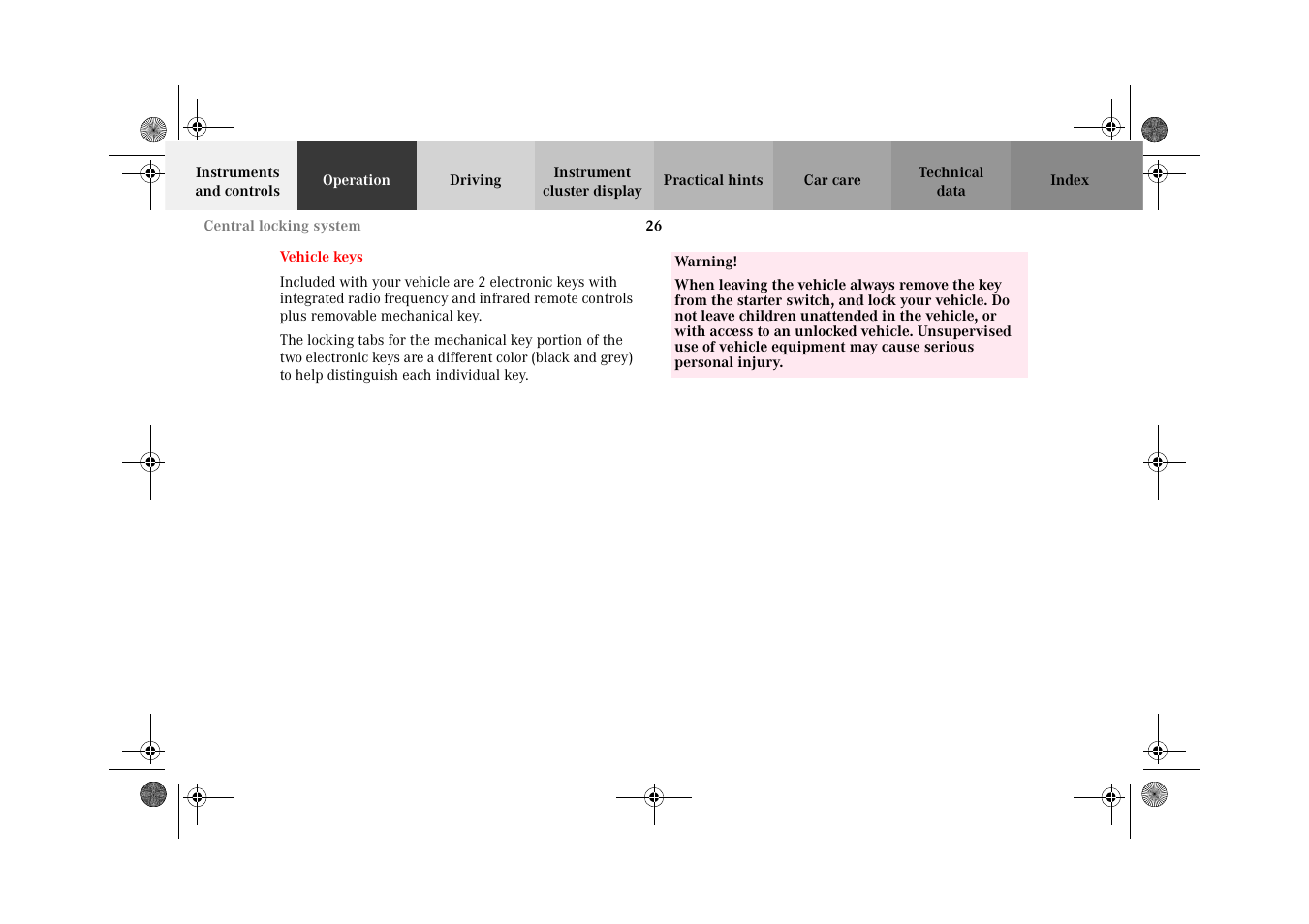 Operation, Vehicle keys | Mercedes-Benz 2002 G-Class User Manual | Page 29 / 385