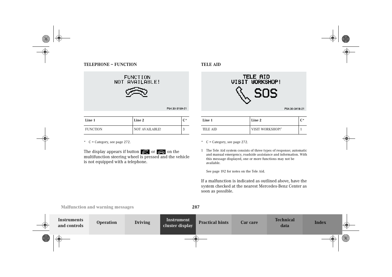 Telephone – function, Tele aid, Telephone – function tele aid | Mercedes-Benz 2002 G-Class User Manual | Page 290 / 385