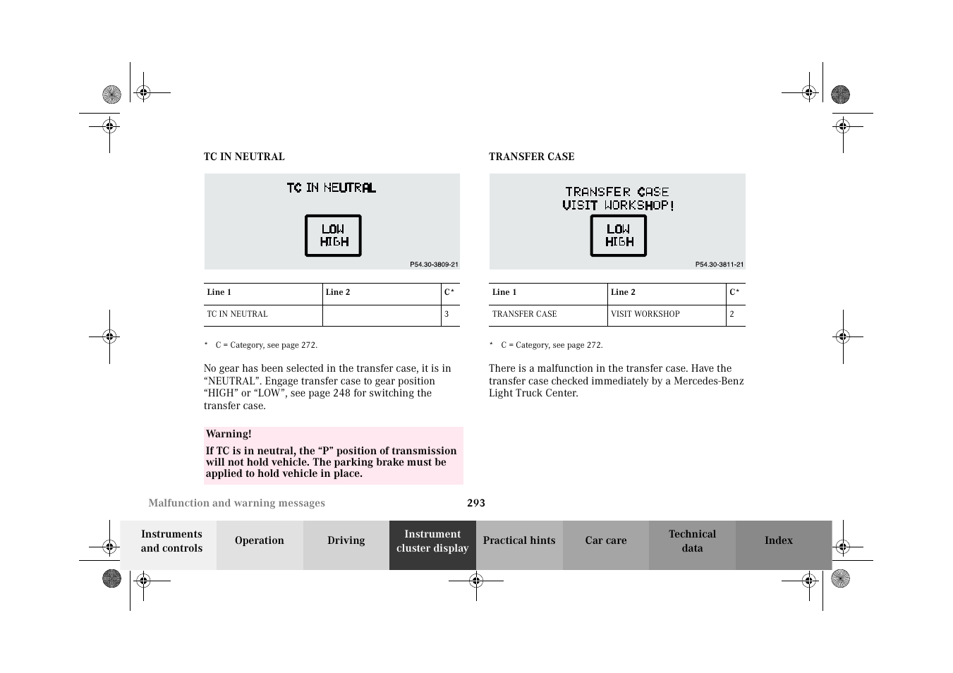 Tc in neutral, Transfer case, Tc in neutral transfer case | Mercedes-Benz 2002 G-Class User Manual | Page 296 / 385