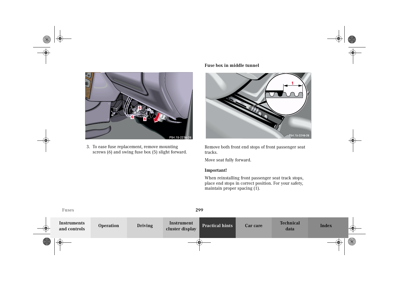 Fuse box in middle tunnel | Mercedes-Benz 2002 G-Class User Manual | Page 302 / 385