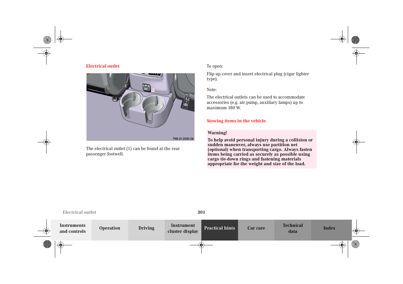 Electrical outlet, Stowing items in the vehicle, Electrical outlet stowing items in the vehicle | Mercedes-Benz 2002 G-Class User Manual | Page 304 / 385
