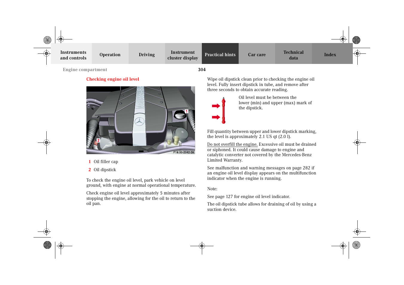 Checking engine oil level, 304 an | Mercedes-Benz 2002 G-Class User Manual | Page 307 / 385