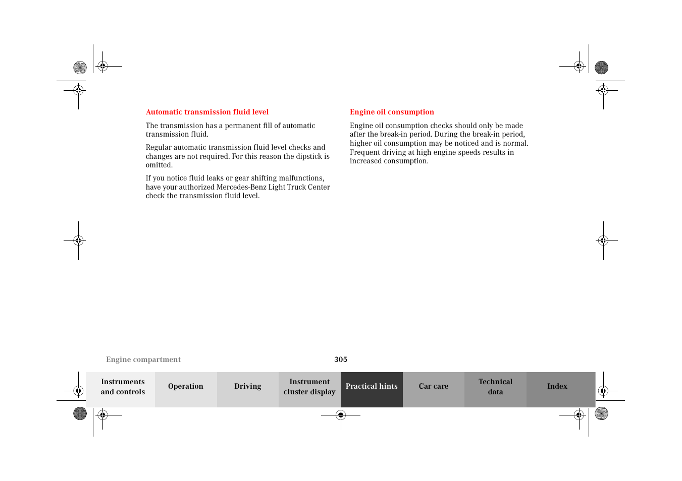 Automatic transmission fluid level, Engine oil consumption, Automatic transmission | Fluid level | Mercedes-Benz 2002 G-Class User Manual | Page 308 / 385