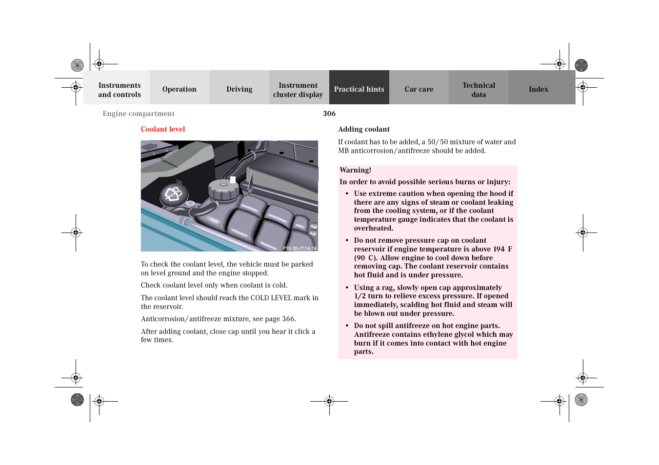 Coolant level, Adding coolant | Mercedes-Benz 2002 G-Class User Manual | Page 309 / 385