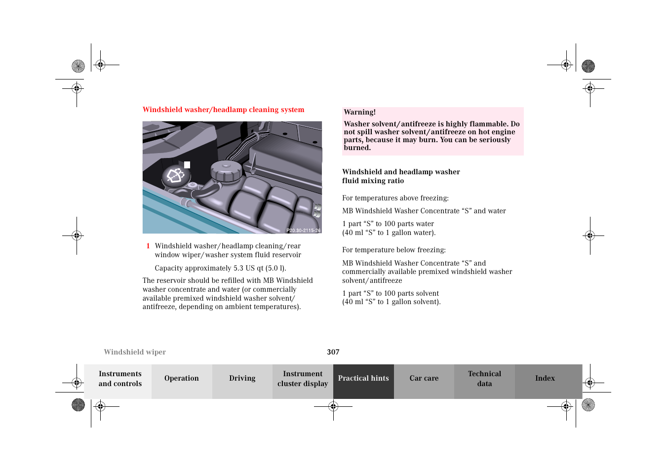 Windshield washer/headlamp cleaning system, Windshield and headlamp washer fluid mixing ratio, Windshield washer/headlamp | Cleaning system | Mercedes-Benz 2002 G-Class User Manual | Page 310 / 385