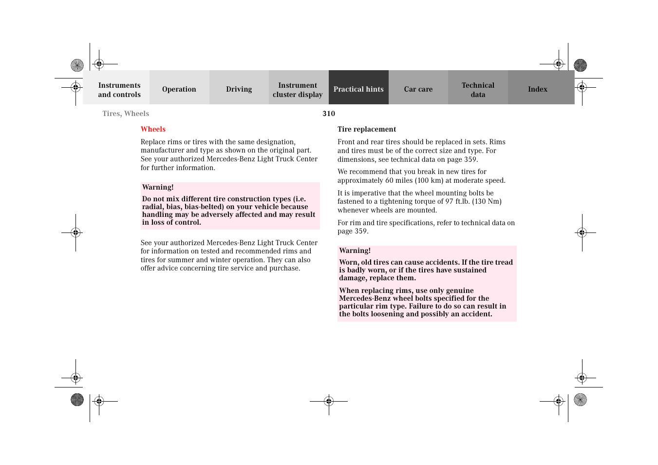Wheels, Tire replacement | Mercedes-Benz 2002 G-Class User Manual | Page 313 / 385