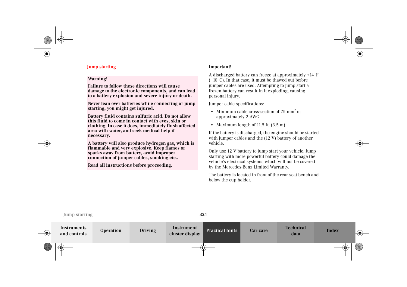 Jump starting | Mercedes-Benz 2002 G-Class User Manual | Page 324 / 385