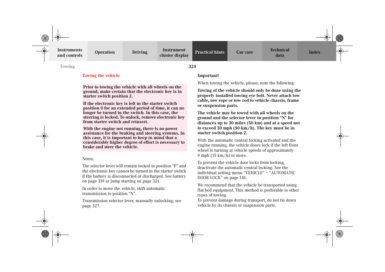 Towing the vehicle | Mercedes-Benz 2002 G-Class User Manual | Page 327 / 385