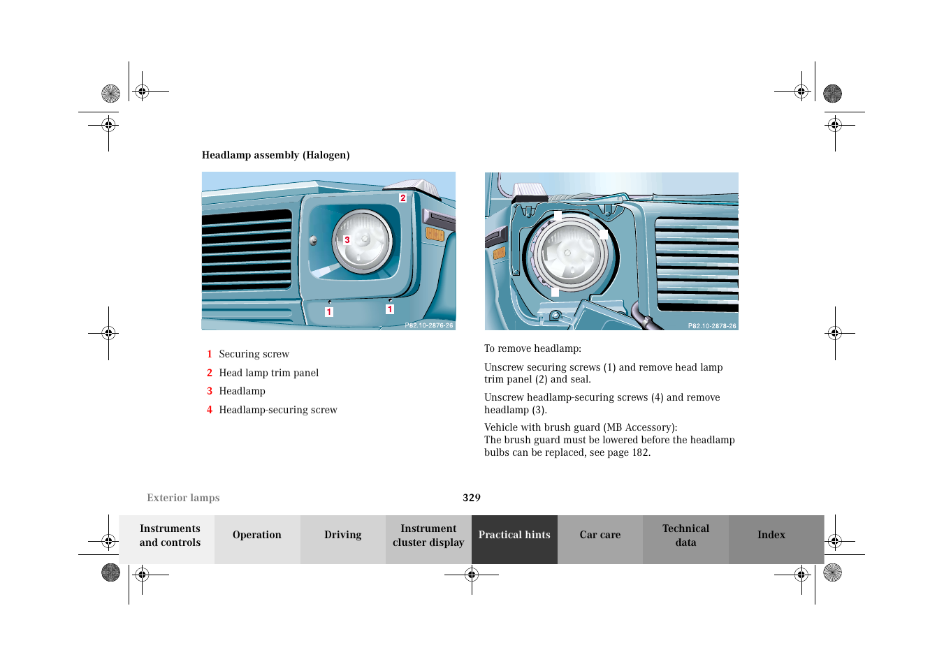 Headlamp assembly:halogen, P82.10-2878-26, Headlamp assembly | Mercedes-Benz 2002 G-Class User Manual | Page 332 / 385