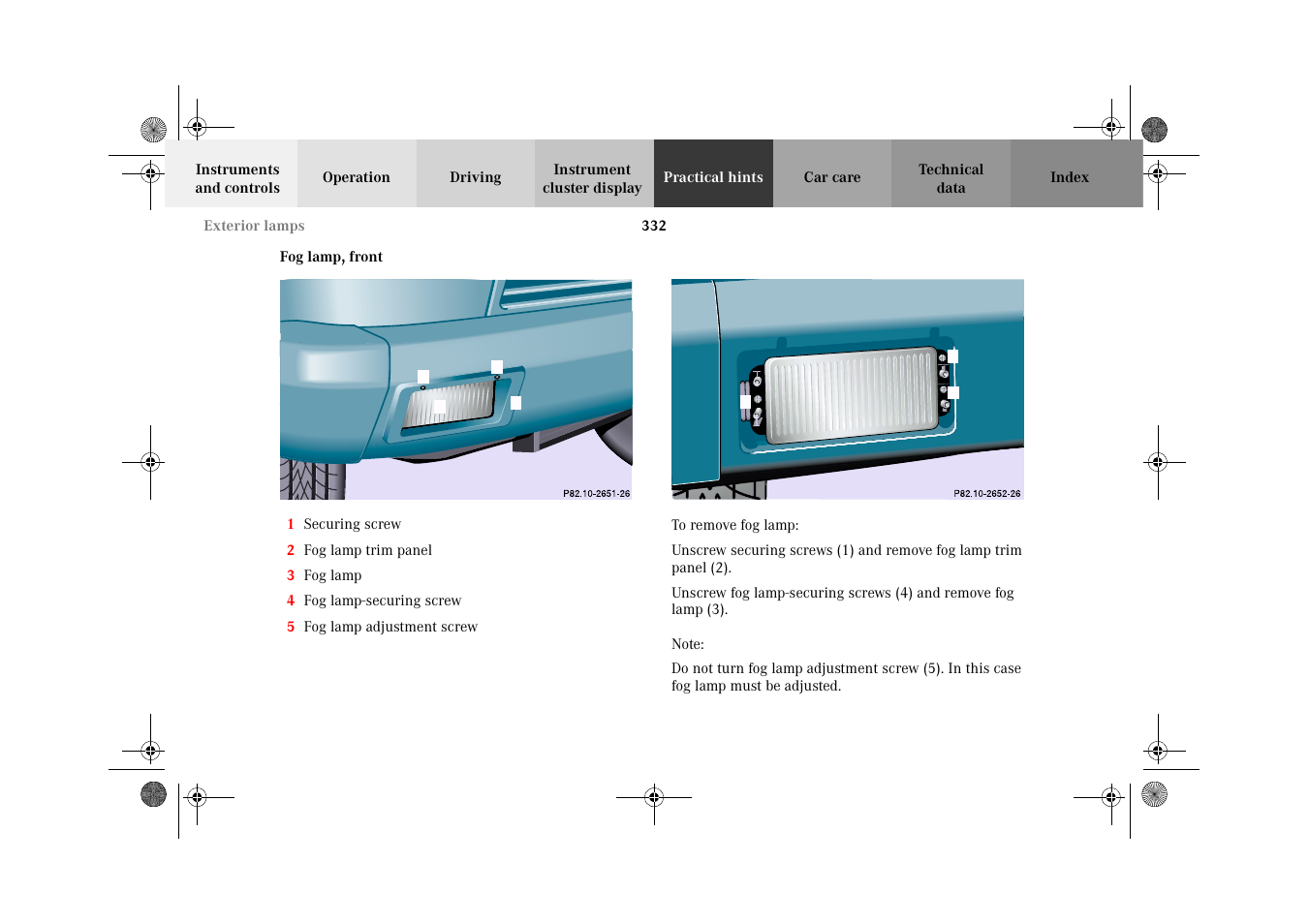 Exterior lamps:fog lamp, front, Fog lamp, front | Mercedes-Benz 2002 G-Class User Manual | Page 335 / 385