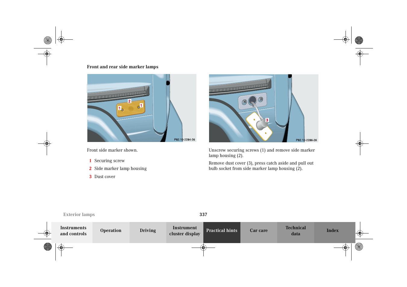 Exterior lamps:front and rear side marker lamps, Front and rear side marker lamps | Mercedes-Benz 2002 G-Class User Manual | Page 340 / 385