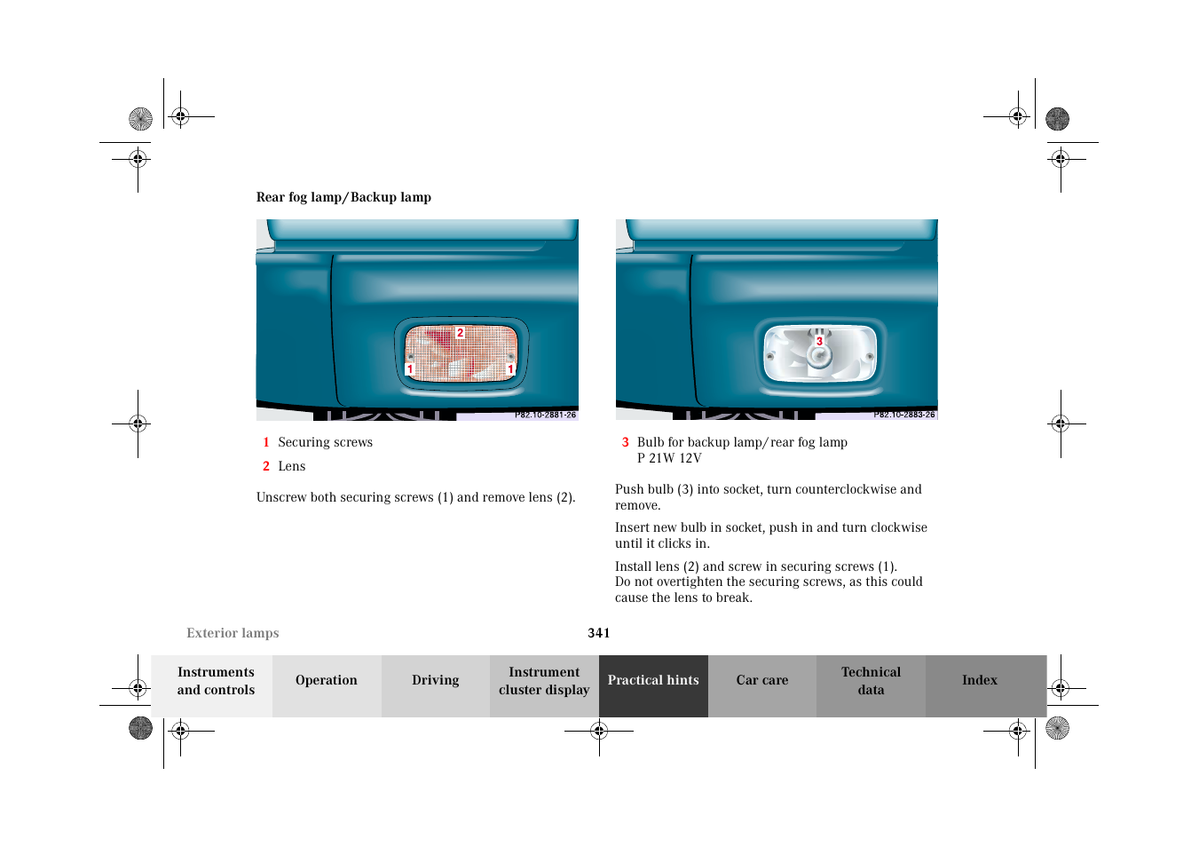 Rear fog lamp / backup lamp | Mercedes-Benz 2002 G-Class User Manual | Page 344 / 385