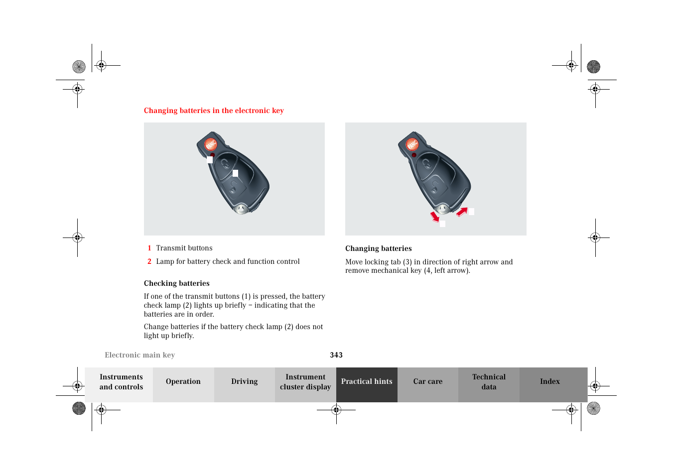 Electronic main key:changing batteries, Checking batteries, P80.35-2028-26 | Changing batteries in, The electronic key | Mercedes-Benz 2002 G-Class User Manual | Page 346 / 385