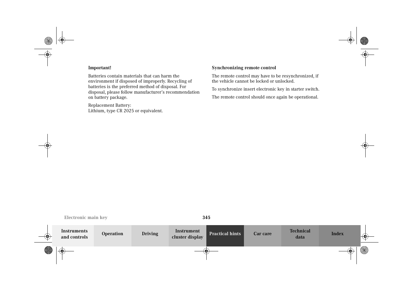 Electronic main key:synchronizing remote control, Synchronizing remote control | Mercedes-Benz 2002 G-Class User Manual | Page 348 / 385