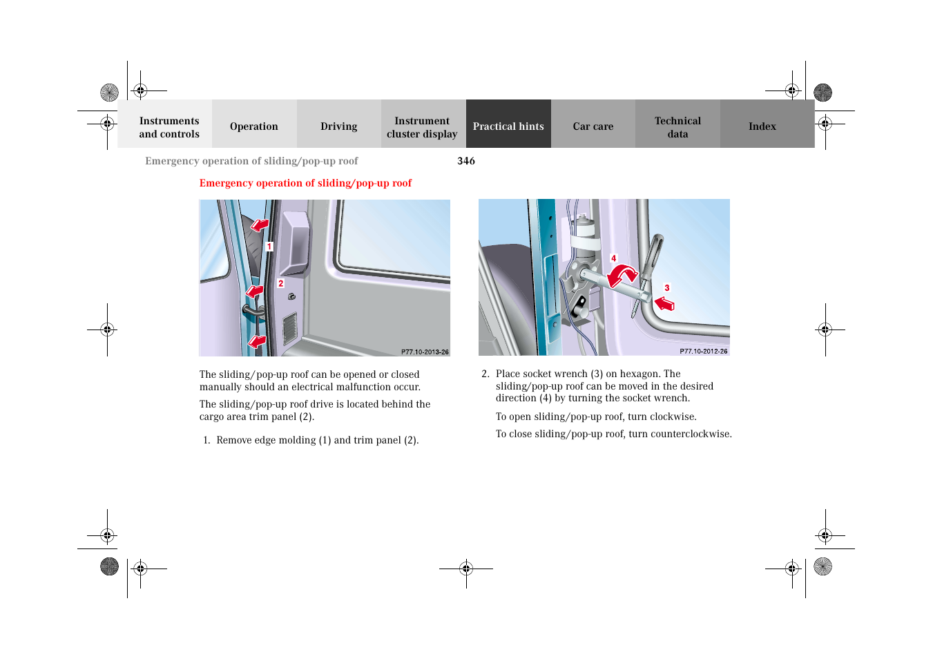 Emergency operation of sliding/pop-up roof, Emergency operation of, Sliding/pop-up roof | Mercedes-Benz 2002 G-Class User Manual | Page 349 / 385