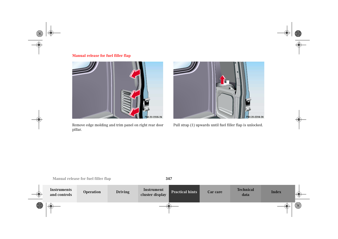 Manual release for fuel filler flap, P80.20-2206-26, Manual release for | Fuel filler flap | Mercedes-Benz 2002 G-Class User Manual | Page 350 / 385