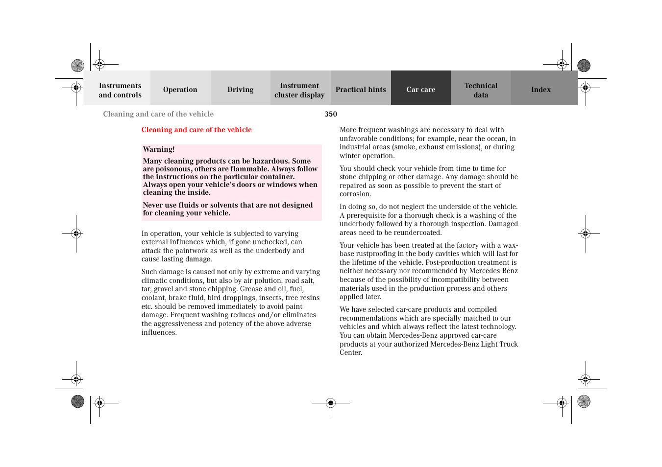 Vehicle care, Cleaning and care, Of the vehicle | Mercedes-Benz 2002 G-Class User Manual | Page 353 / 385
