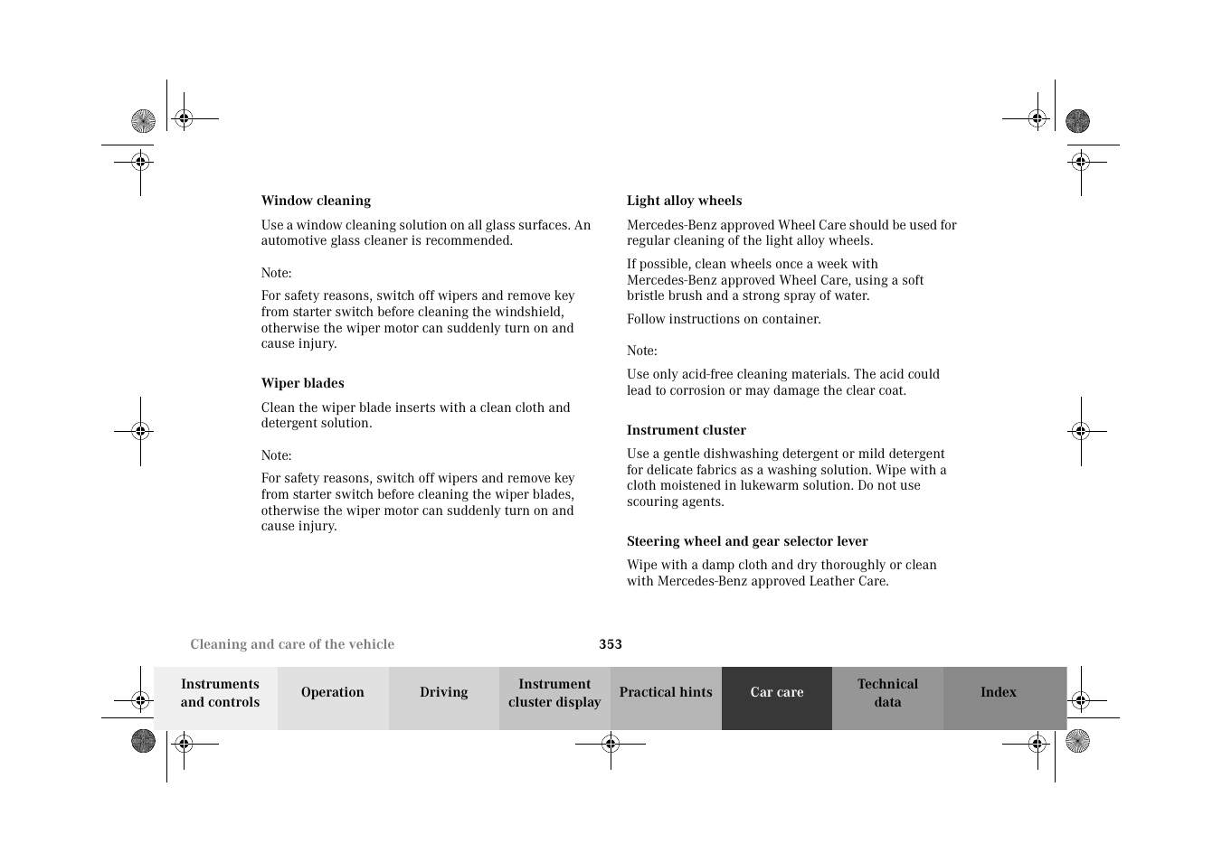 Window cleaning, Wiper blades, Light alloy wheels | Instrument cluster, Steering wheel and gear selector lever | Mercedes-Benz 2002 G-Class User Manual | Page 356 / 385