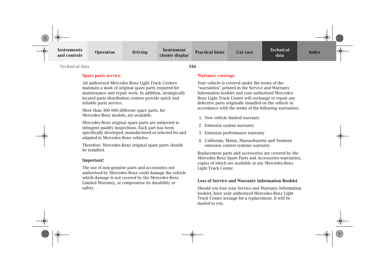 Technical data, Warranty coverage, Loss of service and warranty information booklet | Spare parts service warranty coverage | Mercedes-Benz 2002 G-Class User Manual | Page 359 / 385