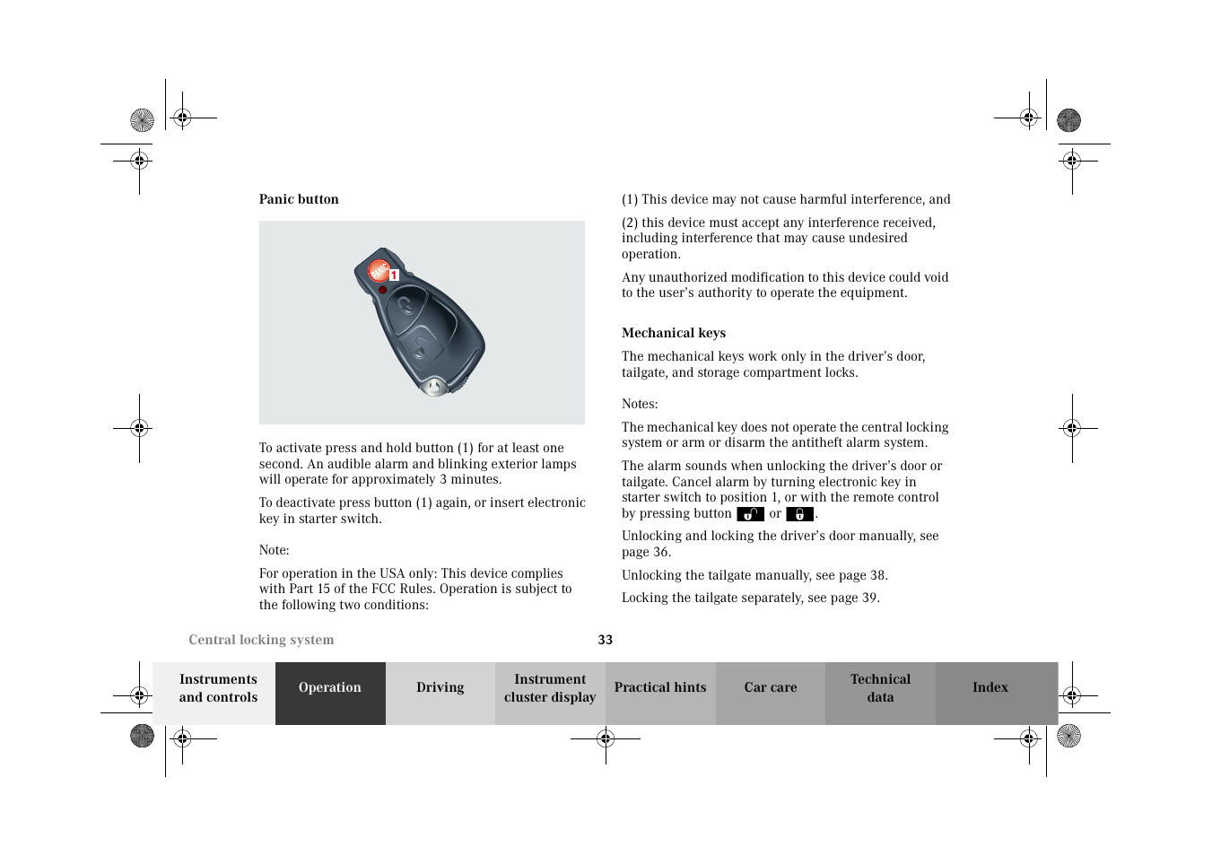 Panic button, Central locking system:mechanical keys, Panic button mechanical keys | Mercedes-Benz 2002 G-Class User Manual | Page 36 / 385