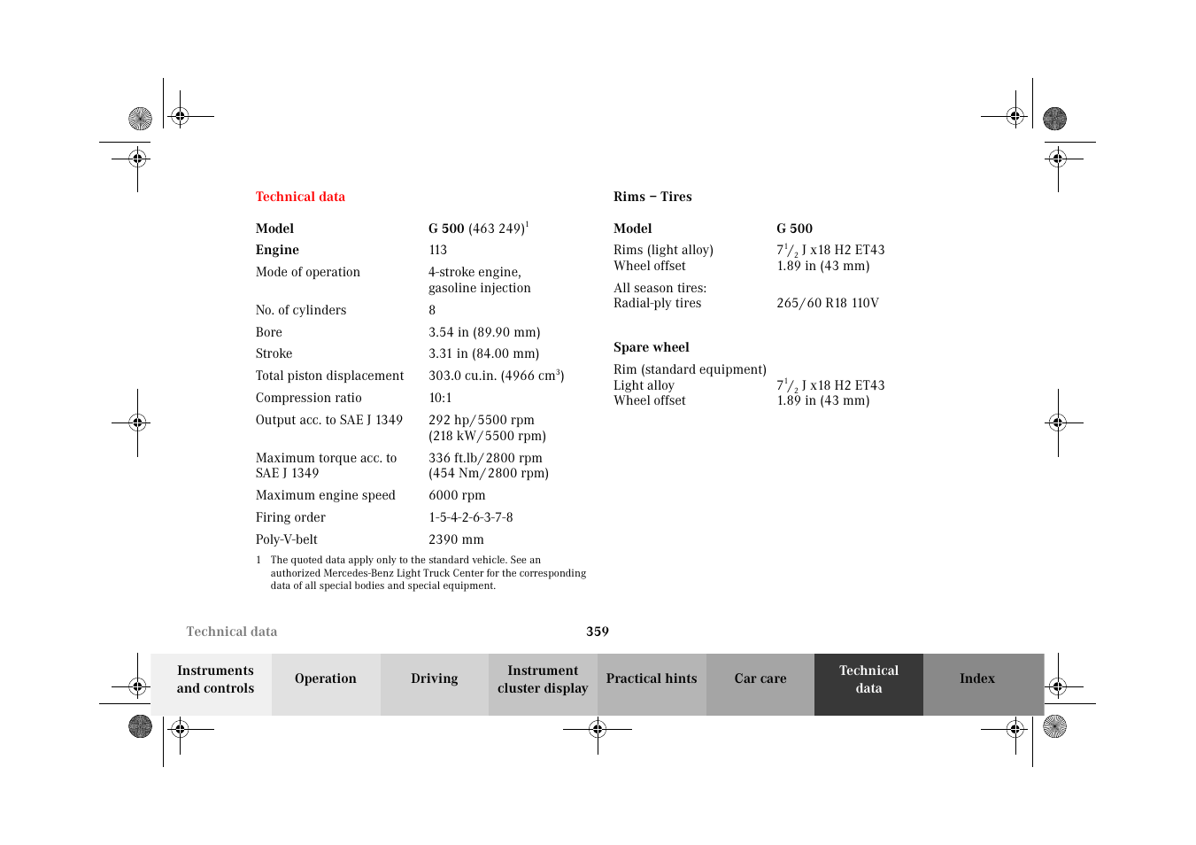 Technical data, Technical data:rims and tires | Mercedes-Benz 2002 G-Class User Manual | Page 362 / 385