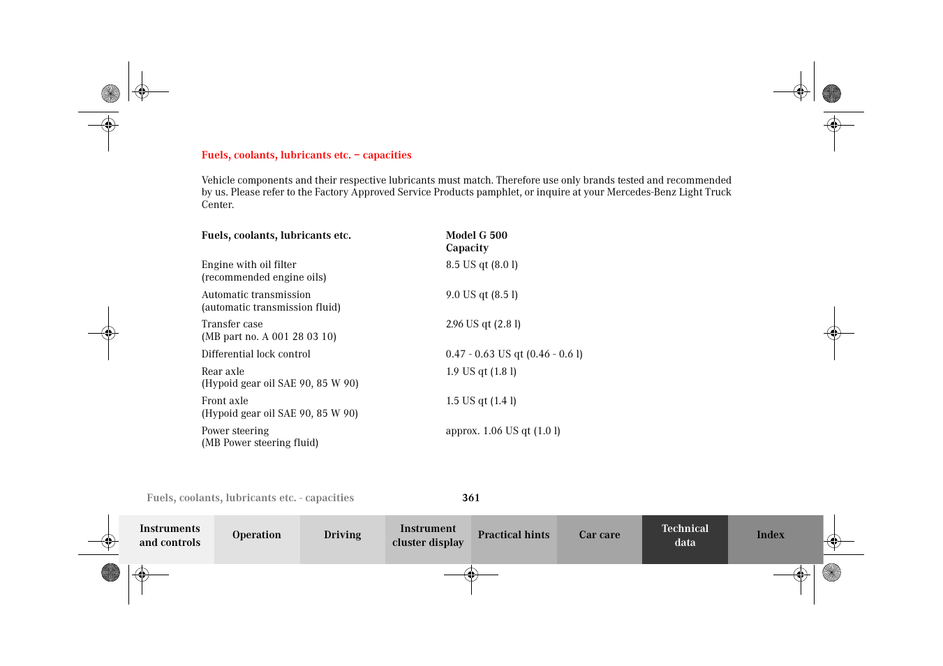 Fuels, coolants, lubricants etc. – capacities, Fuels, coolants, lubricants etc, Capacities | Mercedes-Benz 2002 G-Class User Manual | Page 364 / 385